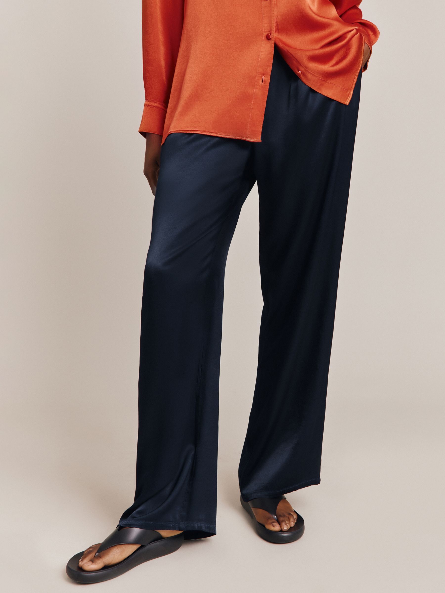 Ghost Imogen Satin Trousers, Navy at John Lewis & Partners