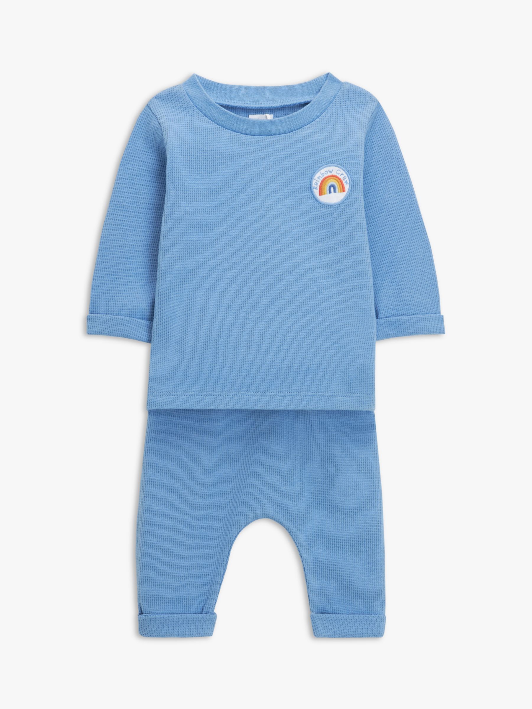 John Lewis Baby Waffle Rainbow Print Pyjamas, Blue at John Lewis & Partners