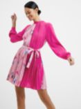 French Connection Eugine Floral Colour Block Crepe Pleated Mini Dress, Wild Rosa Solid/Multi, Wild Rosa Solid/Multi
