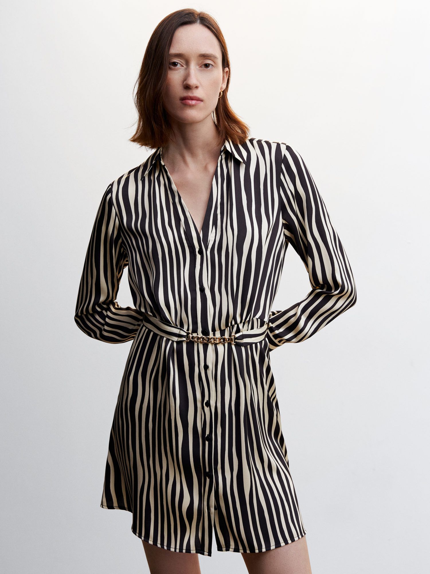 Mango Ninette Animal Stripe Satin Shirt Dress, Black/White, 14