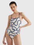 Tommy Hilfiger Rope Print Cross Back Swimsuit, White/Blue