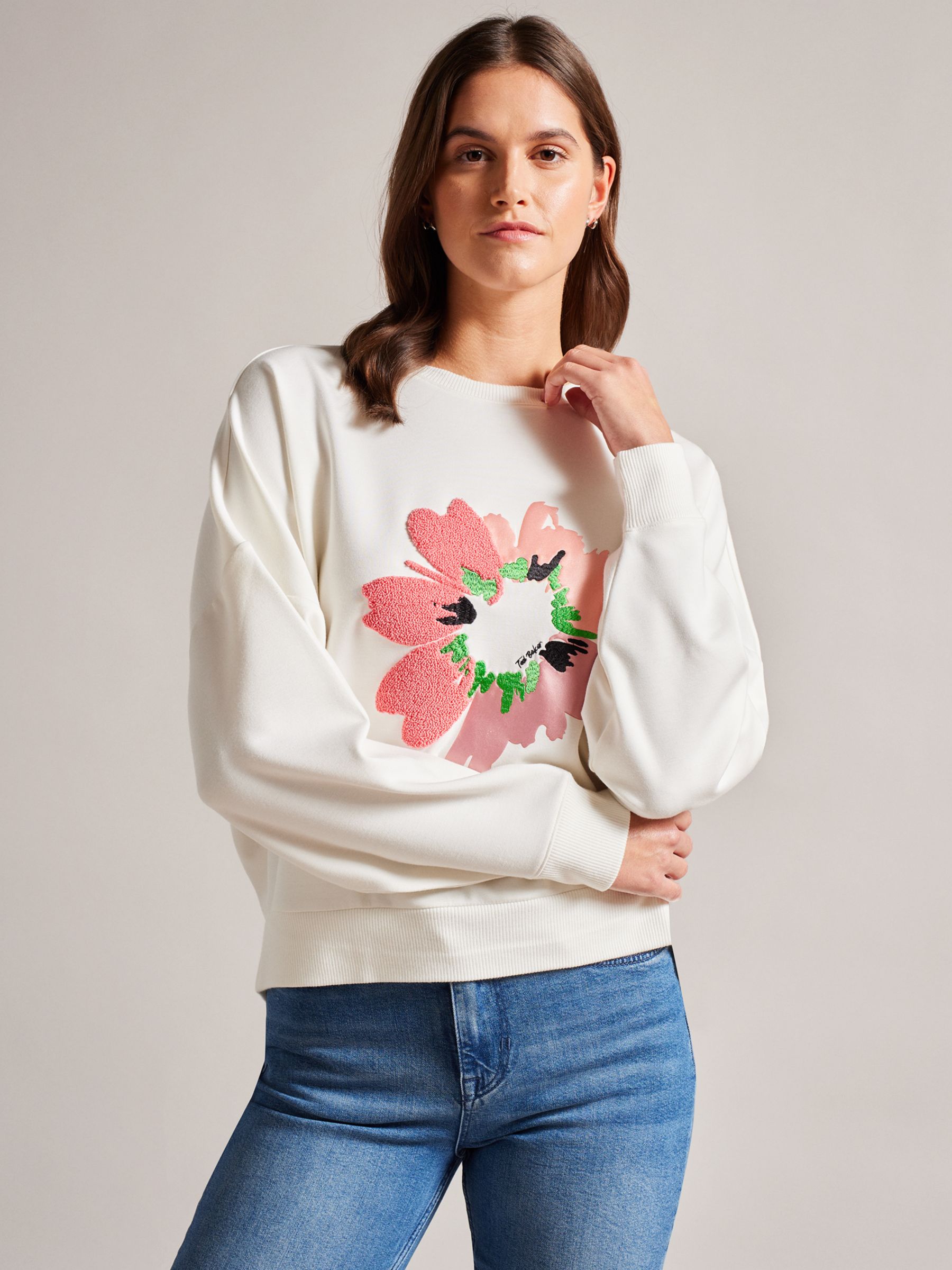 Ted Baker Marene Floral Detail Sweatshirt, White/Pink, 16