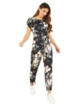 Yumi Floral Print Satin Jumpsuit, Black