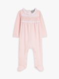 John Lewis Heirloom Collection Baby Pima Cotton Frill Smocked Sleepsuit, Pink