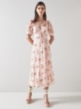 L.K.Bennett Leith Floral and Stripe Silk Rich Midi Dress, Pale Pink/Multi