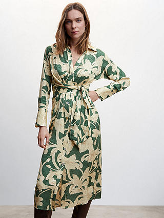 Mango Curve Floral Jacquard Midi Shirt Dress, Green