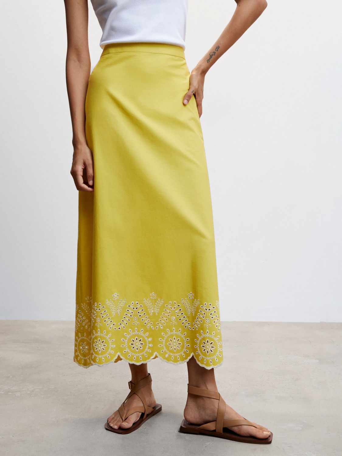 Mango Shana Broderie Anglaise Cotton Midi Skirt, Mustard, S