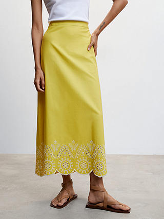 Mango Shana Broderie Anglaise Cotton Midi Skirt, Mustard