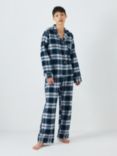 John Lewis Plaid Check Herringbone Triple Brushed Cotton Shirt Pyjama Set, Blue/Pink