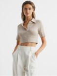 Reiss Eva Cropped Polo Shirt, Stone