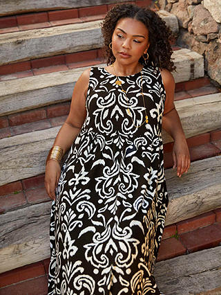 Live Unlimited Curve Mono Tribal Print Scoop Neck Maxi Dress, Black