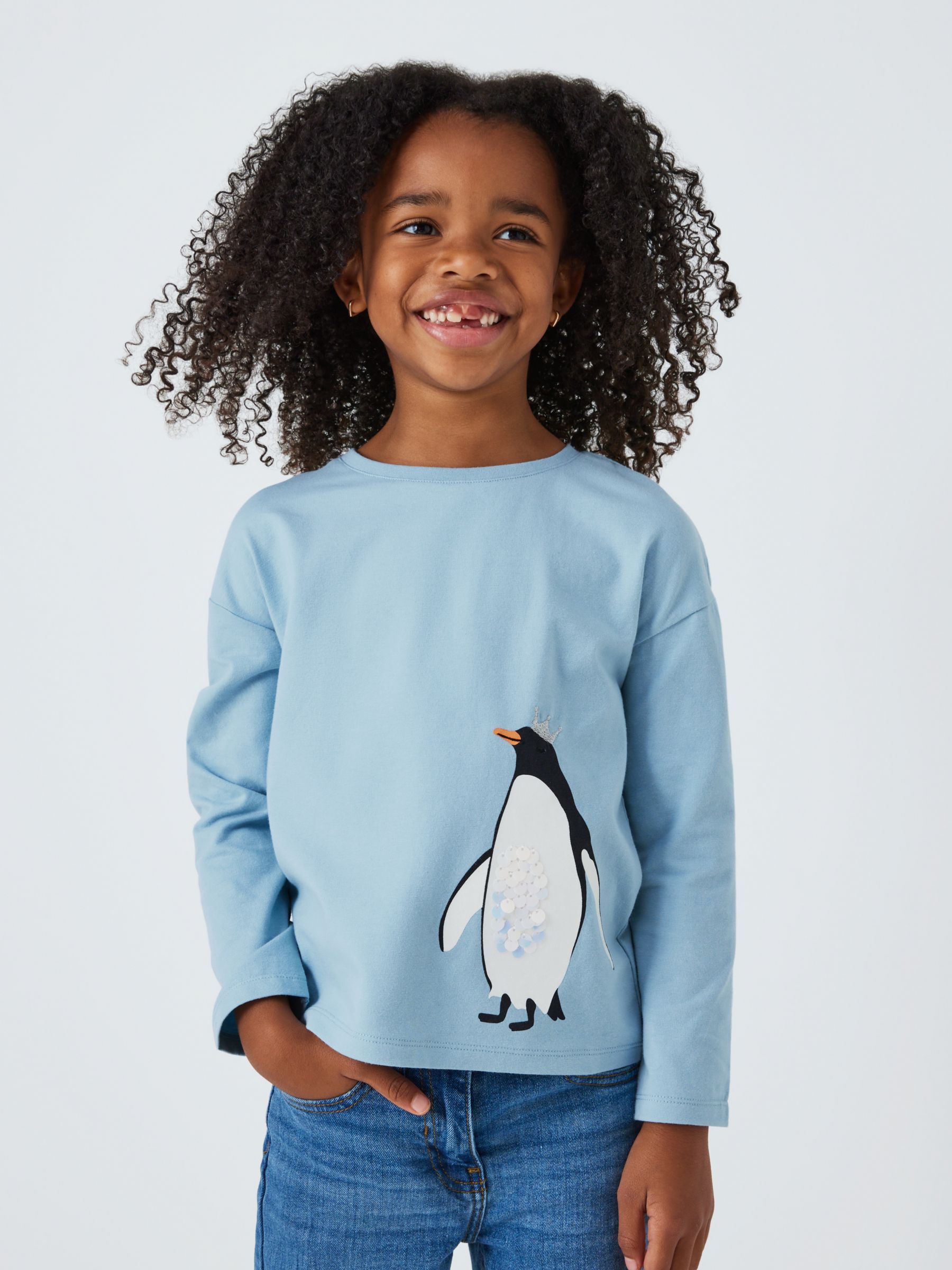 John Lewis Kids' Penguin Sequin Long Sleeve Jersey Top, Neutral