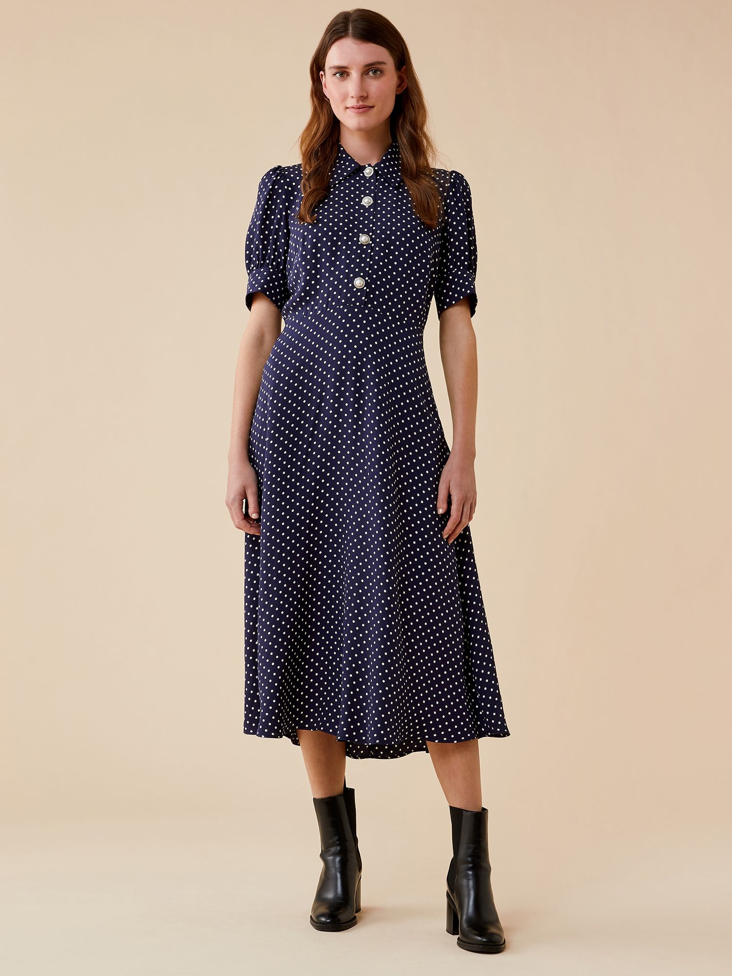 Finery Jaela Polka Dot Midi Dress Navy White at John Lewis Partners