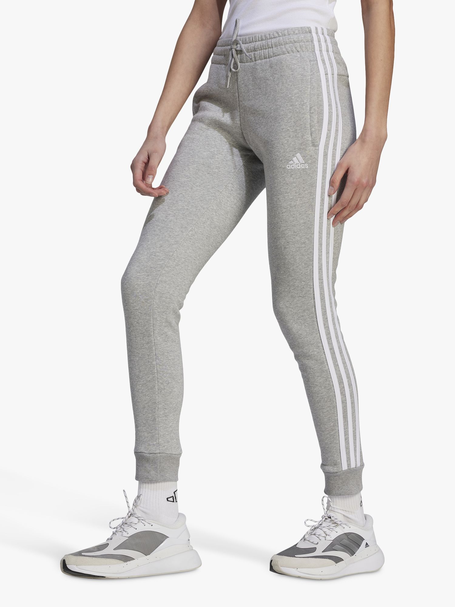 adidas Essentials 3 Stripes French Terry Joggers, Grey Heather/White at  John Lewis & Partners