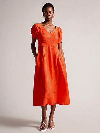 Ted Baker Opalz Puff Sleeve Midi Dress, Bright Orange