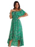 Mela London Ditsy Print Bardot Dipped Hem Dress, Green