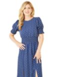 Yumi Mela London Polka Dot Print Shirred Waist Midi Dress, Navy