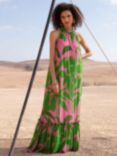Ro&Zo Leaf Print Halter Neck Maxi Dress, Pink/Green, Pink/Green