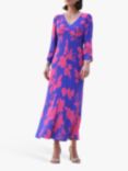 Pure Collection  Shirred Sleeve V Neck Floral Midi Dress, Blue/Pink