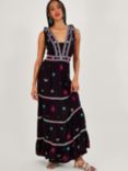 Monsoon Wide Strap Motif Embroidered Maxi Cami Dress, Black