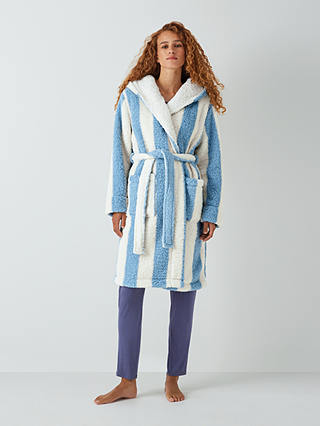 John Lewis ANYDAY Stripe Borg Dressing Gown, Blue/Ivory