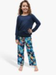 Minijammies Kids' Bea Slouch Top and Floral Print Pyjama Bottoms Set, Dark Blue