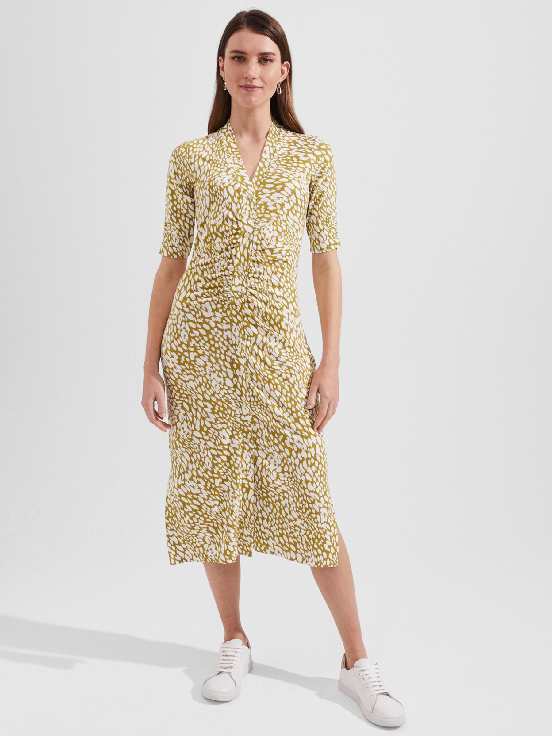 Hobbs Petite Hatty Abstract Print Jersey Midi Dress, Mid Olive/Ivory, 20
