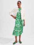 Hobbs Elsa Floral Frill Neck Midi Dress, Green/Ivory, Green/Ivory