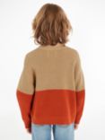 Calvin Klein Kids' Knitted Colour Block Jumper, Travertine/Auburn