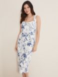 Phase Eight Kaya Linen Floral Bodycon Midi Dress, White/Blue