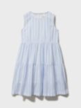 Crew Clothing Kids' Cotton Woven Stripe Sleeveless Tiered Dress, Bright Blue