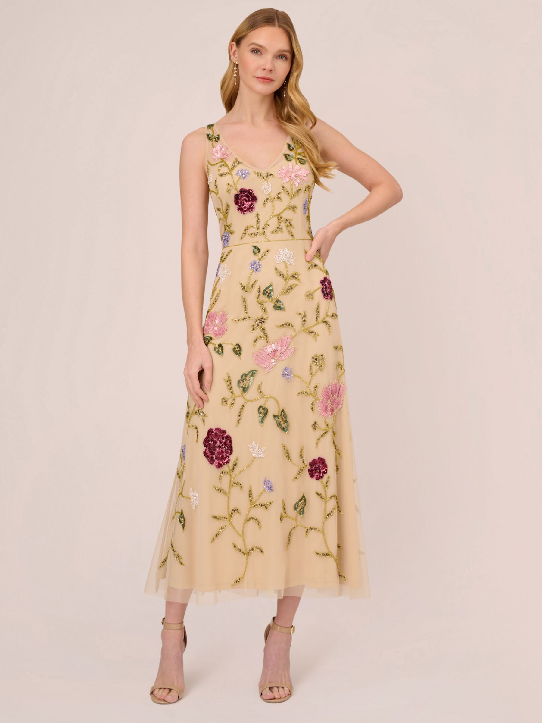 Adrianna Papell Beaded Ankle Length Dress, Light Champagne at John Lewis &  Partners