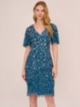 Adrianna Papell Floral Beaded V-Neckline Dress, Teal Sapphire