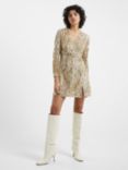 French Connection Deniz Embellished Long Sleeve Mini Dress, Cement/Gold