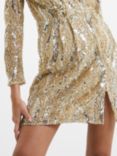 French Connection Deniz Embellished Long Sleeve Mini Dress, Cement/Gold, Cement/Gold