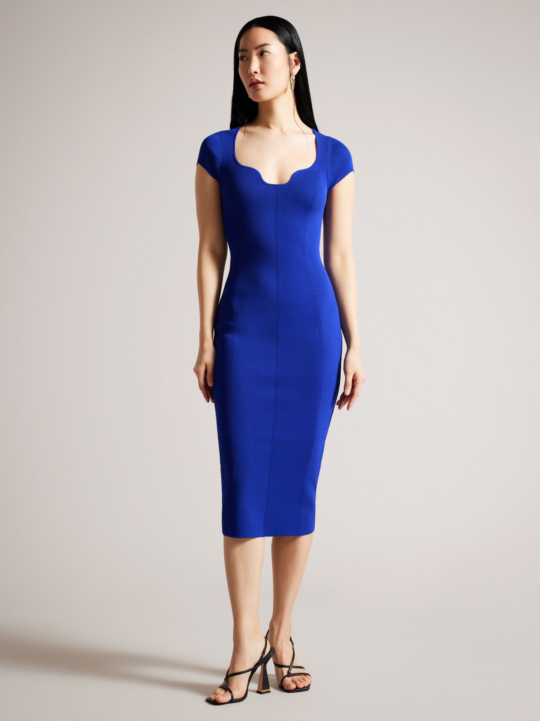 Ted Baker Alixis Ribbed Bodycon Knit Midi Dress, Blue, 14