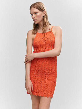 Mango Open Knit Crochet Mini Dress, Pastel Orange
