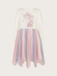 Monsoon Kids' Disco Unicorn Pleat Embellished Knee Length Dress, Lilac