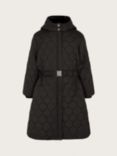 Monsoon Kids' Quilted Belted Longline Coat with Hood, Black