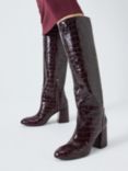 Stuart Weitzman Flareblock 85 Leather Croc Embossed Knee High Boots, Plum