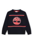 Timberland Kids' Graphic Tree Logo Jaquard Stripe Knit Pullover Jumper, Dark Blue/Multi