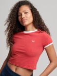 Superdry Organic Cotton Ringer Crop T-Shirt, Red/Optic White