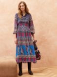 Brora Folk Patchwork Silk Midi Dress, Dusk/Mulberry