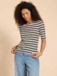 White Stuff Stripe Puff Sleeve Tee, White Multi