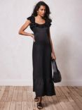 Mint Velvet Plain Satin Frill Linen Blend Maxi Dress, Black