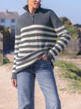 Celtic & Co. Wool/Organic Button Neck Jumper, Navy/Ecru Stripe