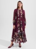 Hobbs Maribella Floral Silk Maxi Swing Dress, Burgundy/Multi