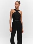 Mango Macu Linen Blend Belted Jumpsuit, Black