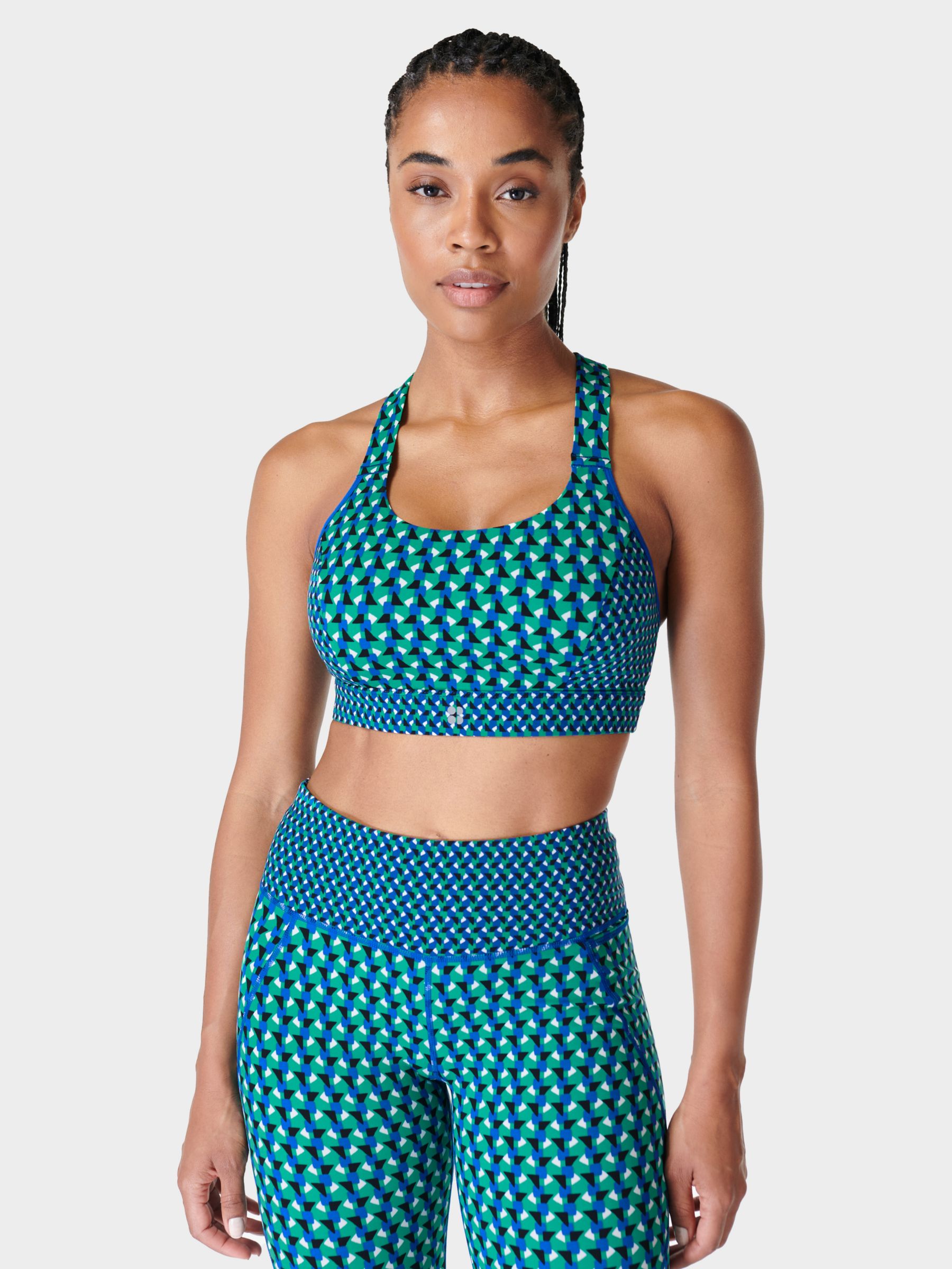 Sweaty Betty Power Medium Impact Sports Bra, Green Geo Print at