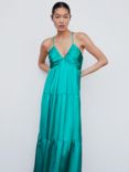 Mango Katy Ruched Satin Maxi Dress, Turquoise